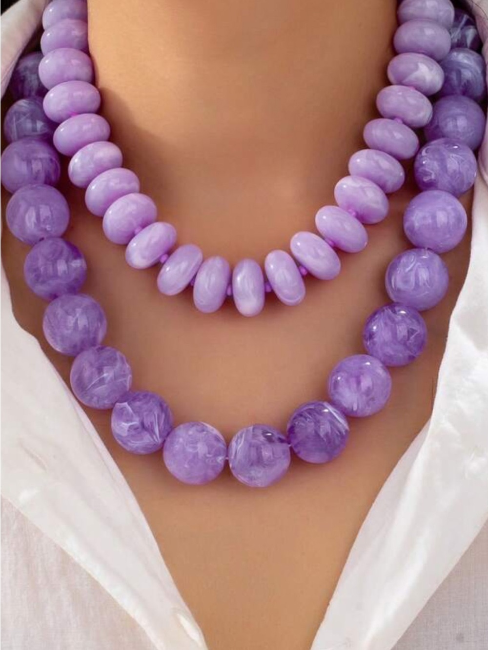 New! Lavender Lilac Purple Dopamine Beaded Statement Necklaces Set of Two